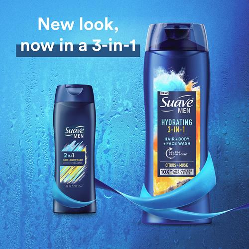 Suave Men 3 In 1 Mens Body Wash, Body Soap For Hydrated Skin And Hair, Hair, Face And Body Wash, With An All Day Fresh Scent 18 Oz