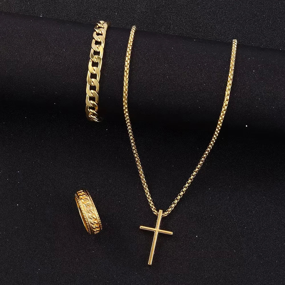 3pcs Set Men's Stainless Steel Metal Cross Pendant Chain Necklace Bracelet Ring Jewelry Set Male Hip Hop Daily Wear Accessories